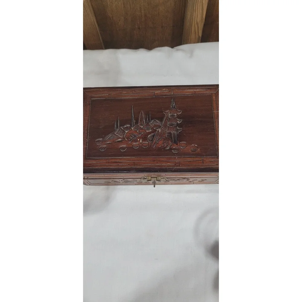 Vintage 1960's Wooden jewelry box with carved Asian Motifs